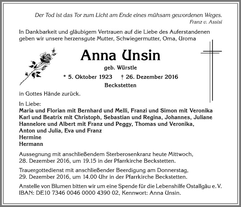 Traueranzeige von Anna Unsin von Allgäuer Zeitung, Kaufbeuren/Buchloe