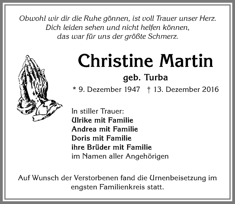 Traueranzeige von Christine Martin von Allgäuer Zeitung