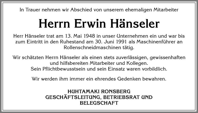 Traueranzeige von Erwin Hänseler von Allgäuer Zeitung, Marktoberdorf