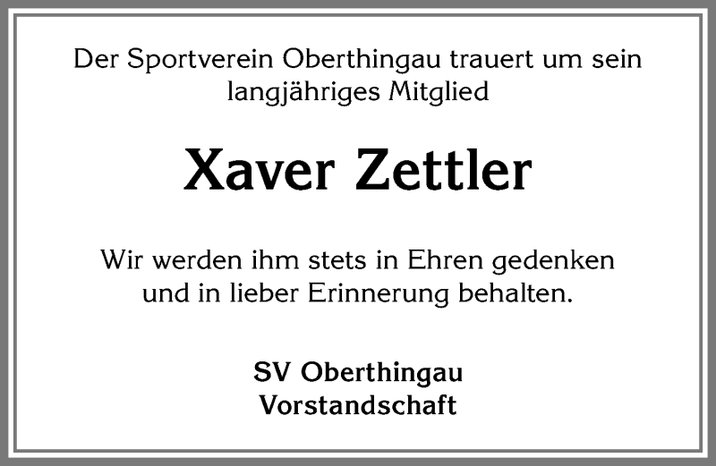 Traueranzeige von Xaver Zettler von Allgäuer Zeitung, Marktoberdorf