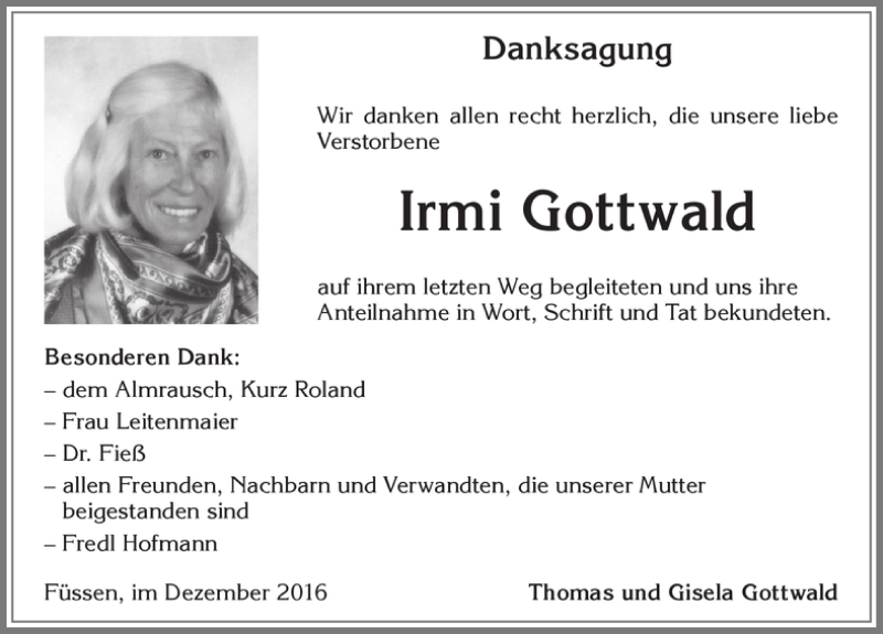 Traueranzeigen von Irmi Gottwald | Augsburger Allgemeine Zeitung