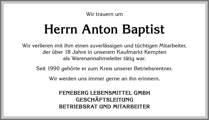 Traueranzeige von Anton Baptist von Allgäuer Zeitung,Kempten