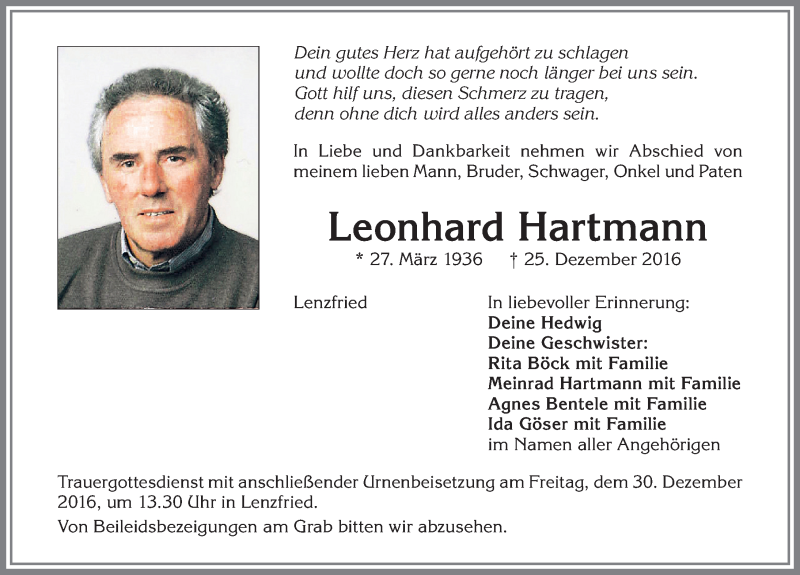 Traueranzeige von Leonhard Hartmann von Allgäuer Zeitung,Kempten