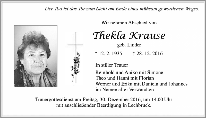 Traueranzeige von Thekla Krause von Allgäuer Zeitung, Füssen