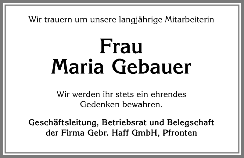 Traueranzeige von Maria Gebauer von Allgäuer Zeitung, Füssen
