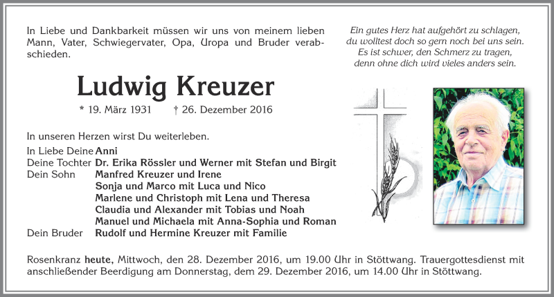 Traueranzeige von Ludwig Kreuzer von Allgäuer Zeitung