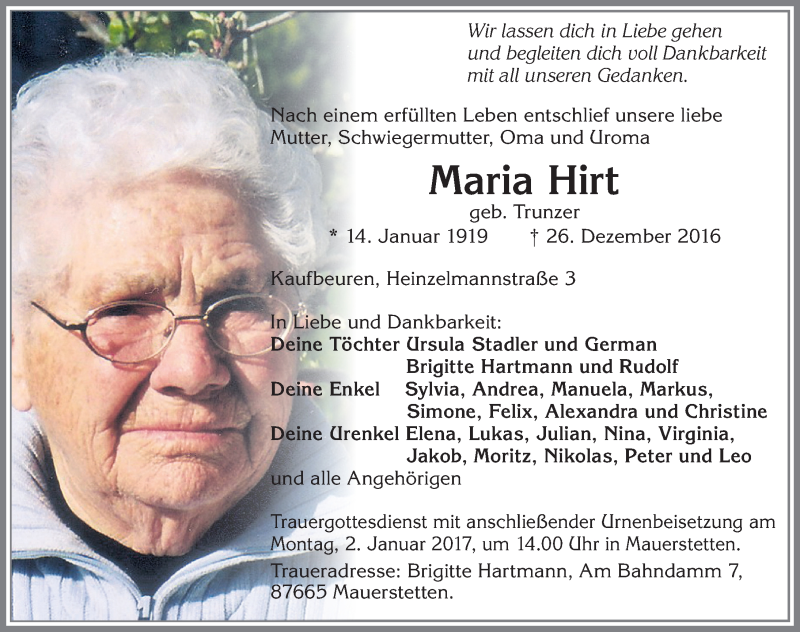 Traueranzeige von Maria Hirt von Allgäuer Zeitung, Kaufbeuren/Buchloe