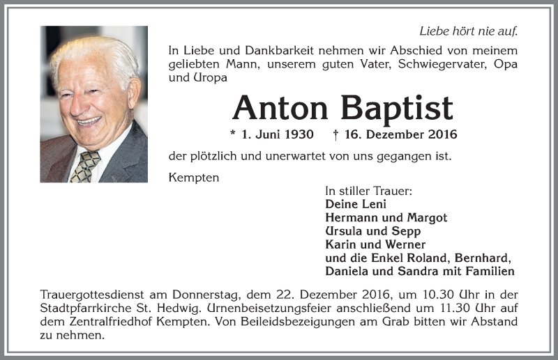 Traueranzeige von Anton Baptist von Allgäuer Zeitung,Kempten