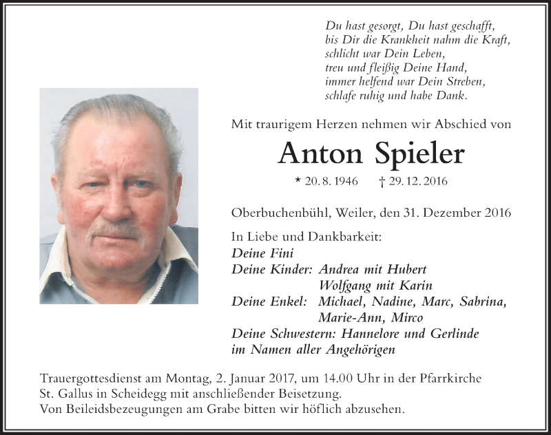 Traueranzeige von Anton Spieler von Der Westallgäuer