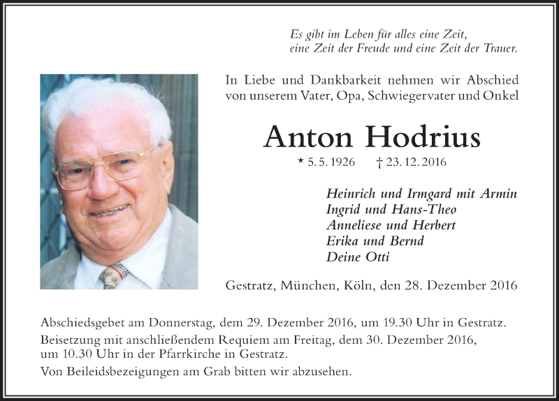 Traueranzeige von Anton Hodrius von Der Westallgäuer