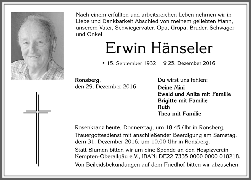 Traueranzeige von Erwin Hänseler von Allgäuer Zeitung, Marktoberdorf