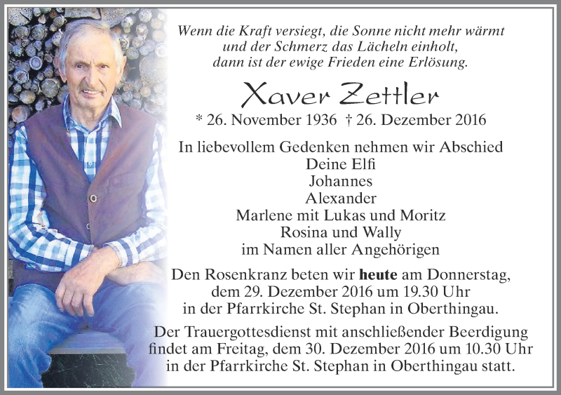 Traueranzeige von Xaver Zettler von Allgäuer Zeitung, Marktoberdorf