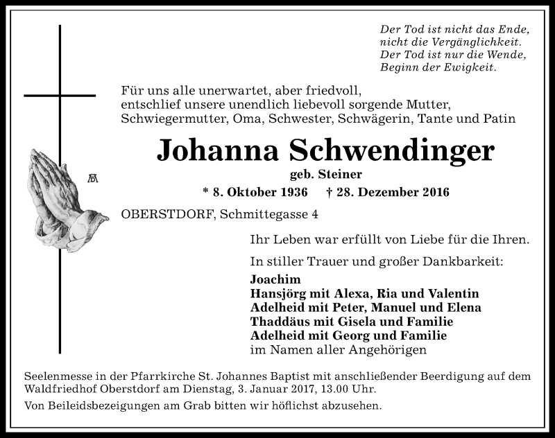 Traueranzeige von Johanna Schwendinger von Allgäuer Anzeigeblatt