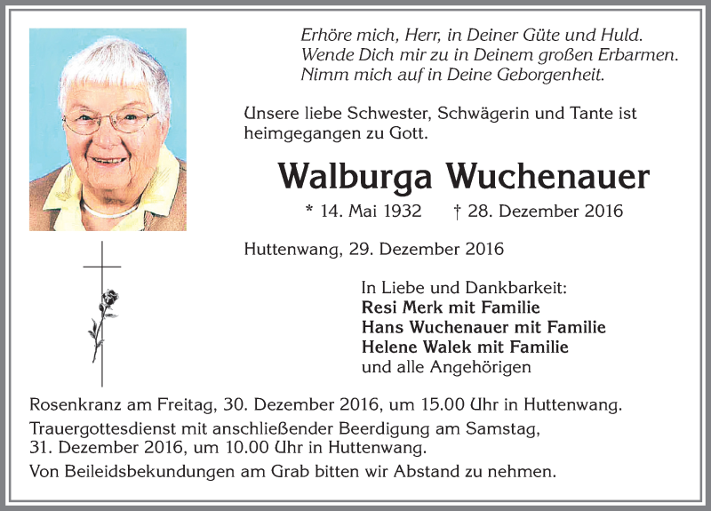 Traueranzeige von Walburga Wuchenauer von Allgäuer Zeitung, Marktoberdorf