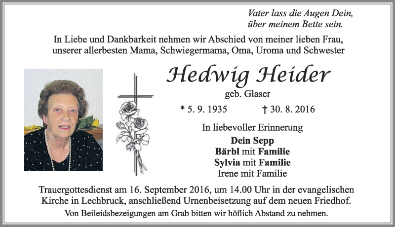 Traueranzeige von Hedwig Heider von Allgäuer Zeitung