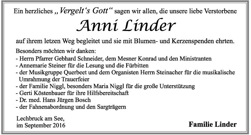 Traueranzeige von Anni Linder von Allgäuer Zeitung