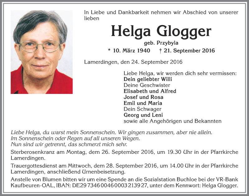 Traueranzeigen von Helga Glogger | Augsburger Allgemeine Zeitung