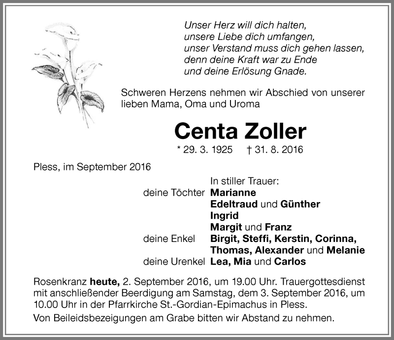 Traueranzeige von Centa Zoller von Allgäuer Zeitung