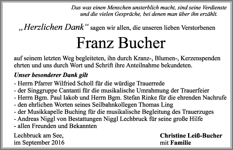 Traueranzeige von Franz Bucher von Allgäuer Zeitung