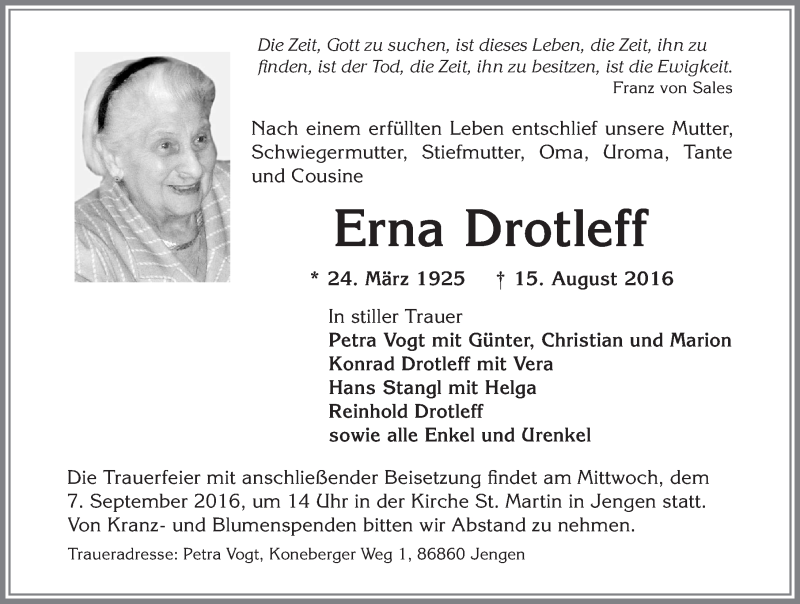 Traueranzeige von Erna Drotleff von Allgäuer Zeitung