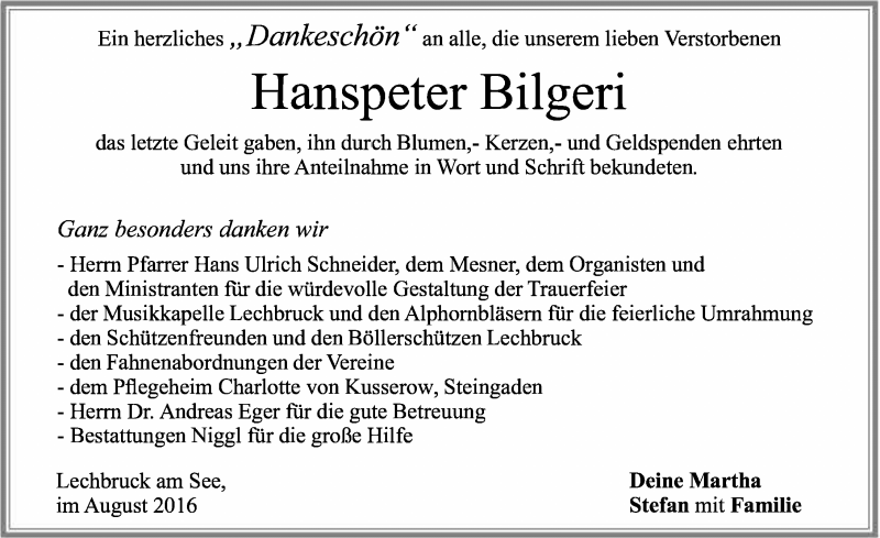 Traueranzeige von Hanspeter Bilgeri von Allgäuer Zeitung