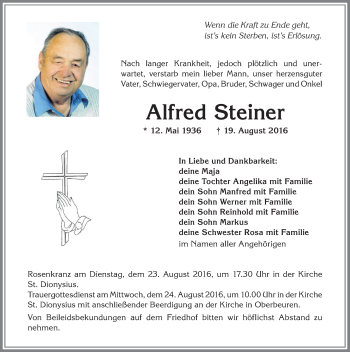 Traueranzeigen von Alfred Steiner | Augsburger Allgemeine Zeitung