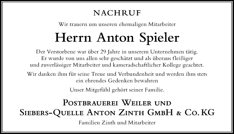 Traueranzeige von Anton Spieler von Der Westallgäuer