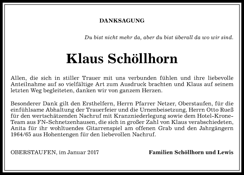 Traueranzeige von Klaus Schöllhorn von Allgäuer Anzeigeblatt