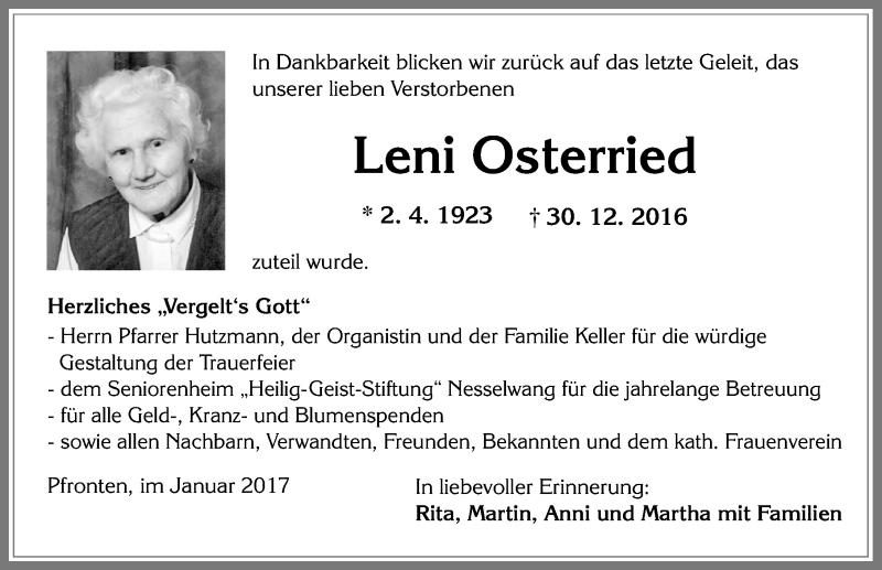 Traueranzeige von Leni Osterried von Allgäuer Zeitung, Füssen