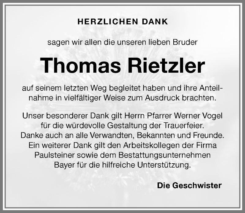 Traueranzeige von Thomas Rietzler von Memminger Zeitung