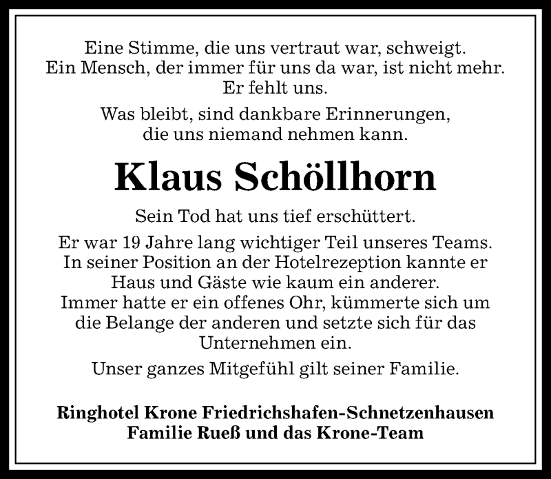 Traueranzeige von Klaus Schöllhorn von Allgäuer Anzeigeblatt