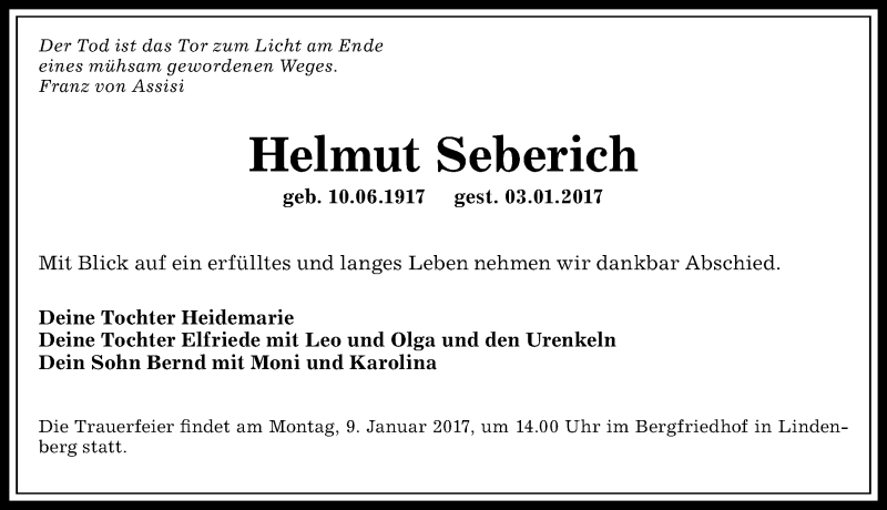 Traueranzeige von Helmut Seberich von Allgäuer Anzeigeblatt