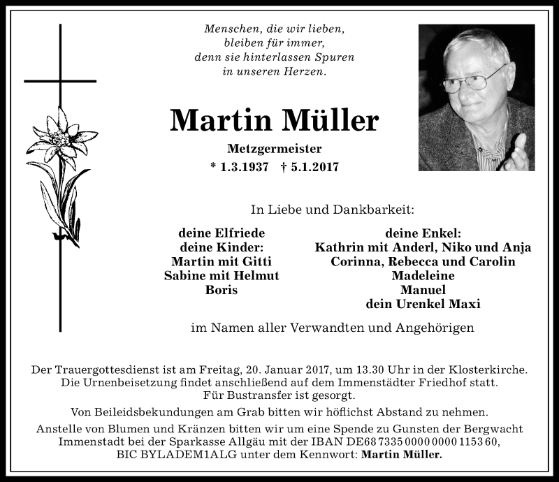 Traueranzeige von Martin Müller von Allgäuer Anzeigeblatt