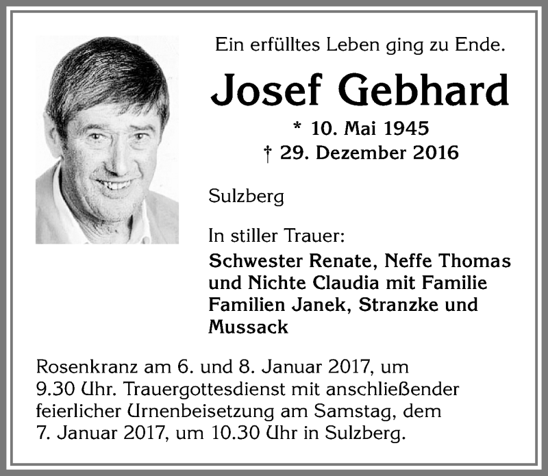 Traueranzeige von Josef Gebhard von Allgäuer Zeitung,Kempten