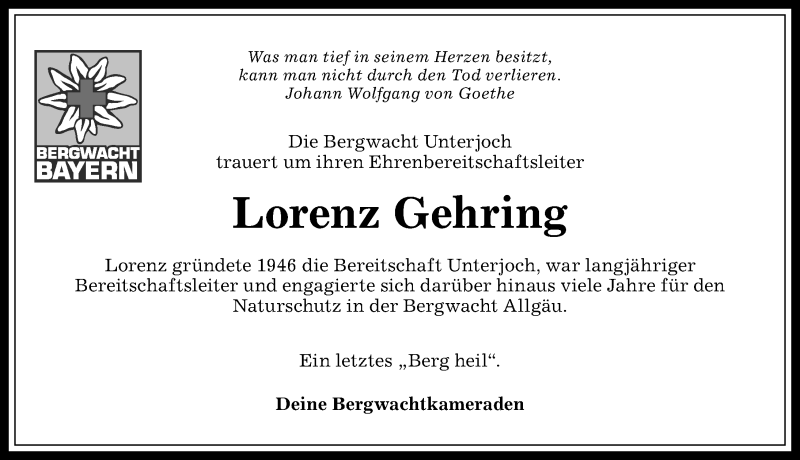 Traueranzeige von Lorenz Gehring von Allgäuer Anzeigeblatt