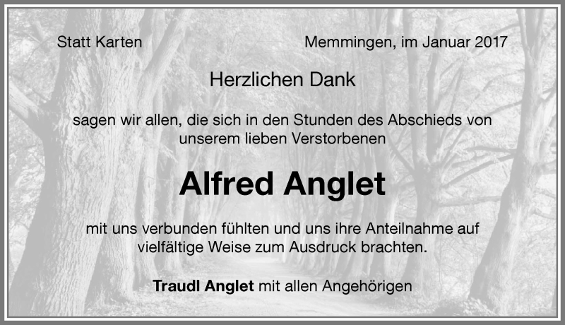 Traueranzeige von Alfred Anglet von Memminger Zeitung