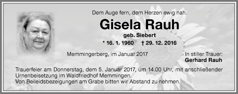 Traueranzeige von Gisela Rauh von Memminger Zeitung