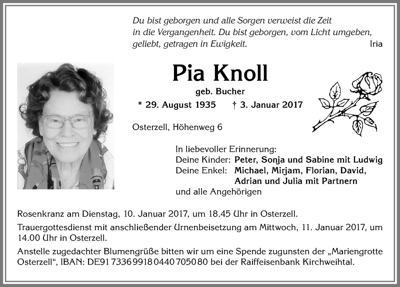 Traueranzeige von Pia Knoll von Allgäuer Zeitung, Kaufbeuren/Buchloe