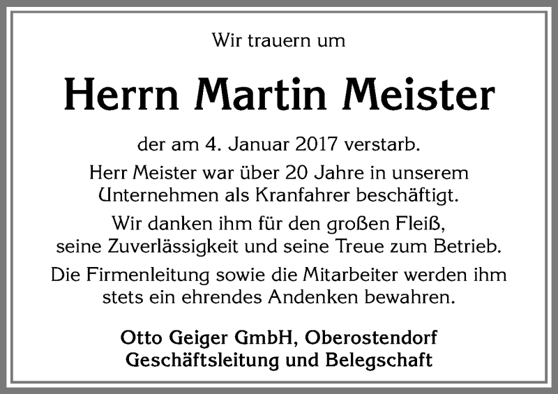 Traueranzeige von Martin Meister von Allgäuer Zeitung, Kaufbeuren/Buchloe