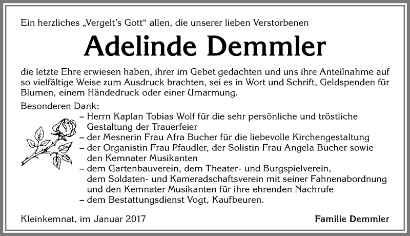 Traueranzeige von Adelinde Demmler von Allgäuer Zeitung, Kaufbeuren/Buchloe