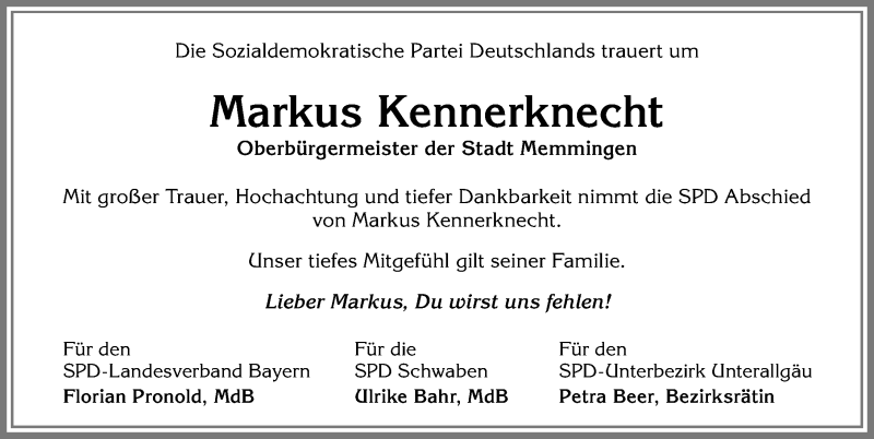 Traueranzeige von Markus Kennerknecht von Allgäuer Zeitung, Gesamtausgabe