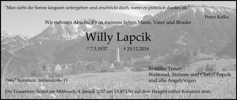 Traueranzeige von Willy Lapcik von Allgäuer Zeitung, Füssen