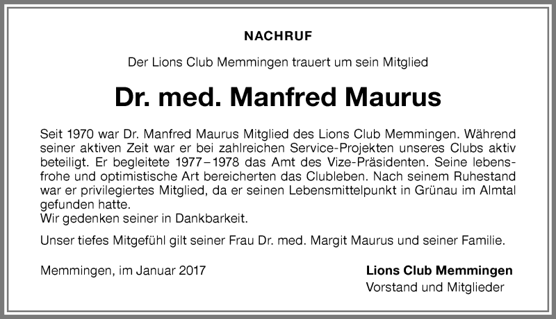 Traueranzeige von Manfred Maurus von Memminger Zeitung