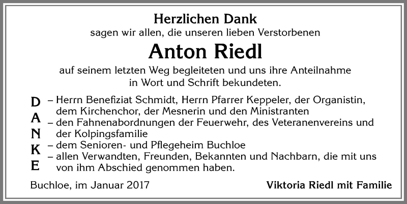 Traueranzeige von Anton Riedl von Allgäuer Zeitung, Kaufbeuren/Buchloe