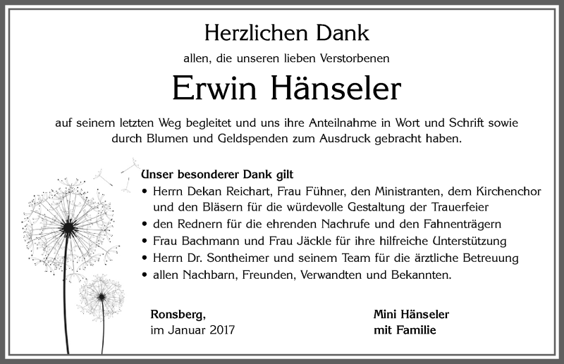 Traueranzeige von Erwin Hänseler von Allgäuer Zeitung, Marktoberdorf