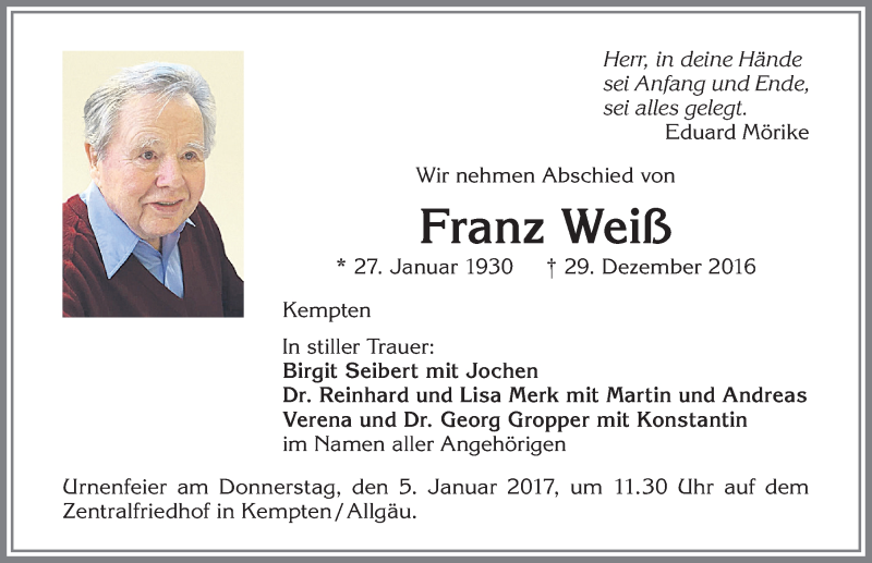 Traueranzeige von Franz Weiß von Allgäuer Zeitung,Kempten