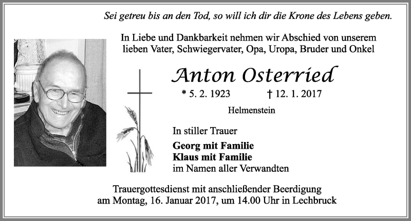 Traueranzeige von Anton Osterried von Allgäuer Zeitung, Füssen