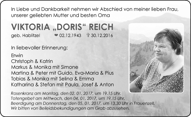 Traueranzeige von Viktoria Reich von Allgäuer Zeitung,Kempten