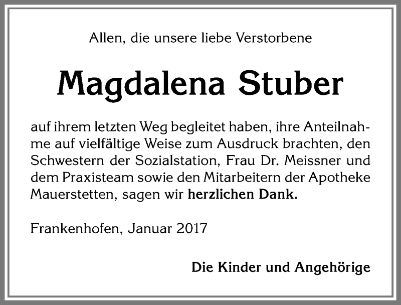 Traueranzeige von Magdalena Stuber von Allgäuer Zeitung, Kaufbeuren/Buchloe