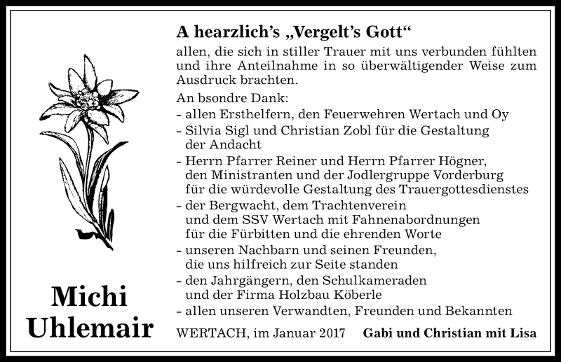 Traueranzeige von Michi Uhlemair von Allgäuer Anzeigeblatt